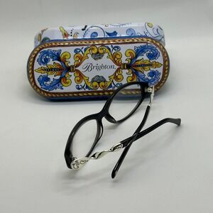 Brighton Twirl Black Oval Eyeglass Frames Silver Twisted Scroll Temple with Case